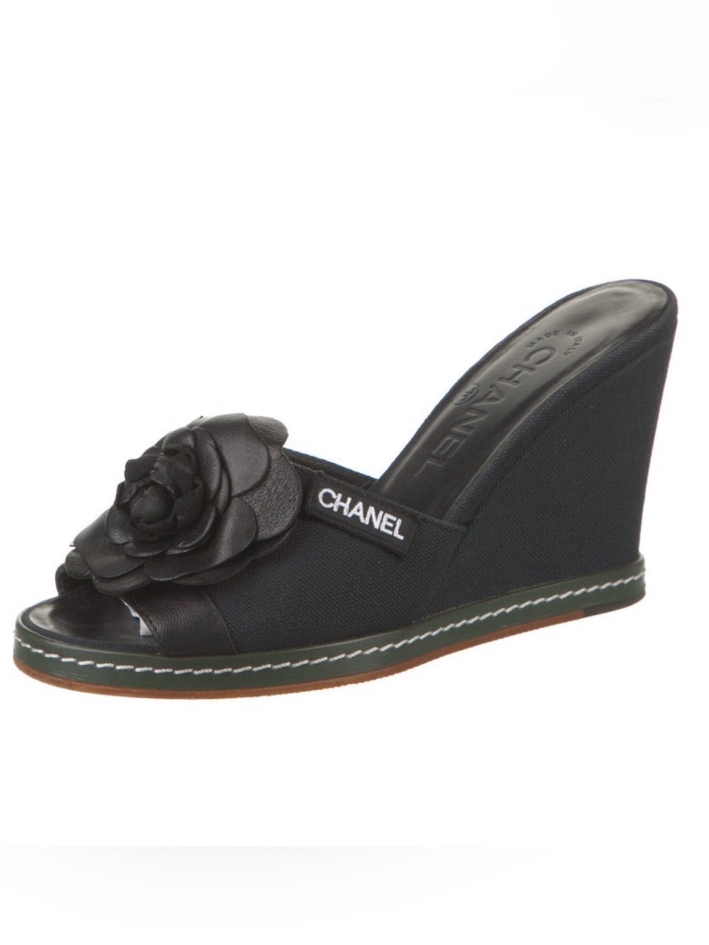 CHANEL Black Camellia Textile Wedge Slide